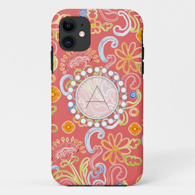Modern Flower Pattern Floral Leaf Swirl Monogram Case-Mate iPhone Case (Back)
