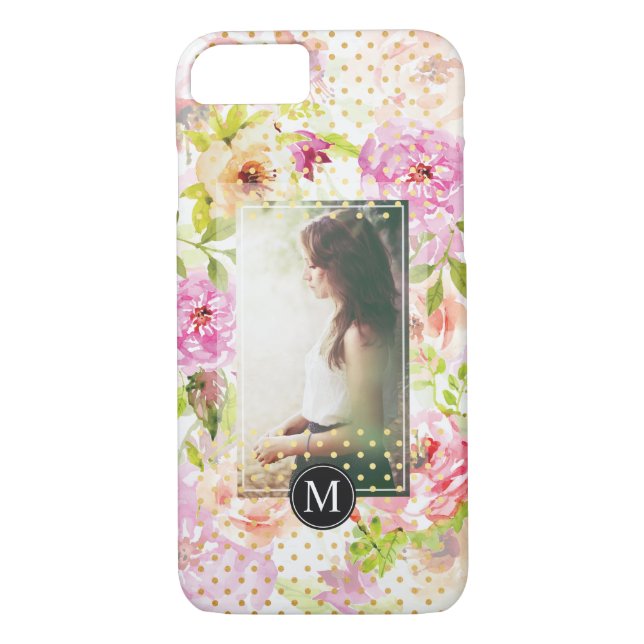 Modern Flower Pattern Personalised Photo Monogram Case-Mate iPhone Case (Back)