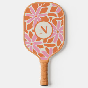 Modern Flower Pink & Orange Monogram Pickleball Paddle