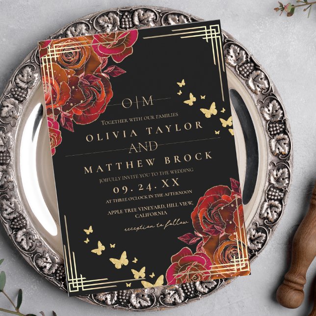 Modern Flower Red and  Black Gold Rose Wedding Invitation (Creator Uploaded)