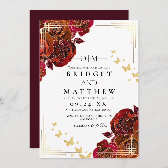 Modern Flower Red Rose and Gold Wedding Invitation (Front/Back)
