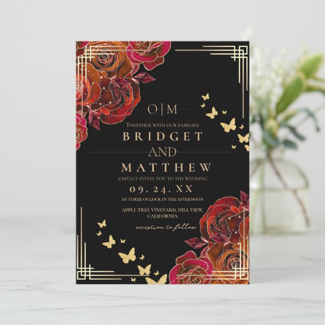 Modern Flower Red Rose Black Wedding Invitation (Standing Front)