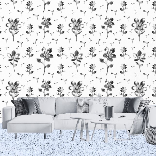  Modern Flowers Black And White Wallpaper (Living Room)