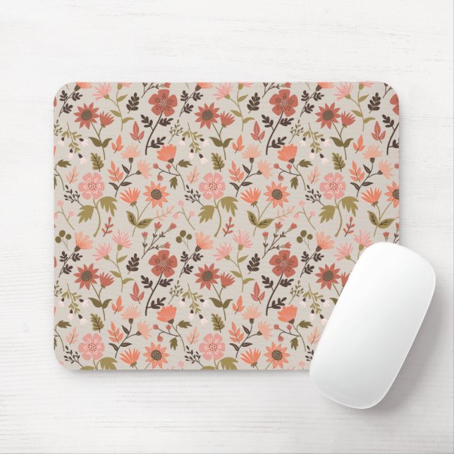 Modern Flowers Leaves Pink Green Girly Floral Mouse Pad (With Mouse)