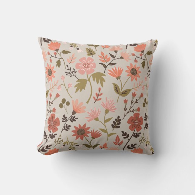 Modern Flowers Leaves Pink Green Pattern Cushion (Front)