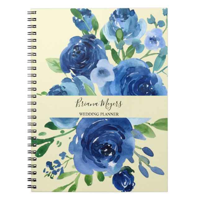 Modern Flowers Navy Blue Yellow Business Notebook (Front)