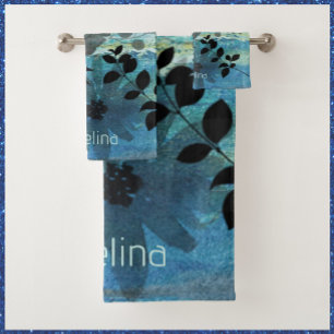 Modern Flowers On Blue Background   Bath Towel Set