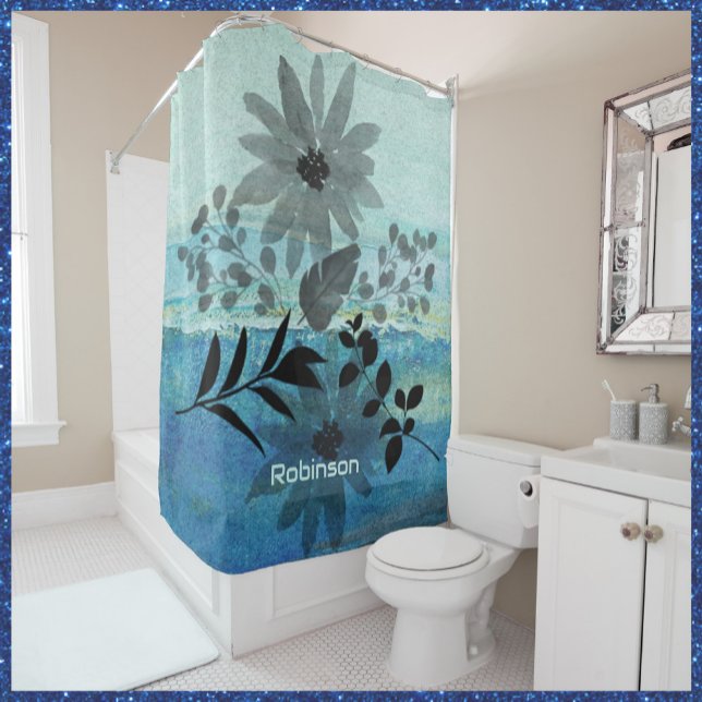 Modern Flowers On Dreamy Blue Background   Shower Curtain (Creator Uploaded)