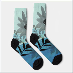 Modern Flowers On Dreamy Blue Background  Socks