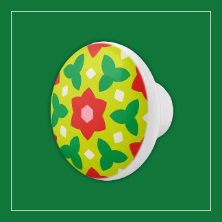 Modern Flowers on Green and Red Geometric Floral Ceramic Knob