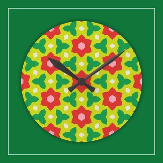 Modern Flowers on Green and Red Geometric Floral Round Clock