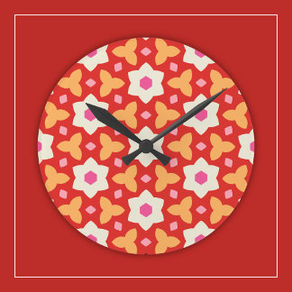 Modern Flowers on Red and Peach Geometric Floral Round Clock