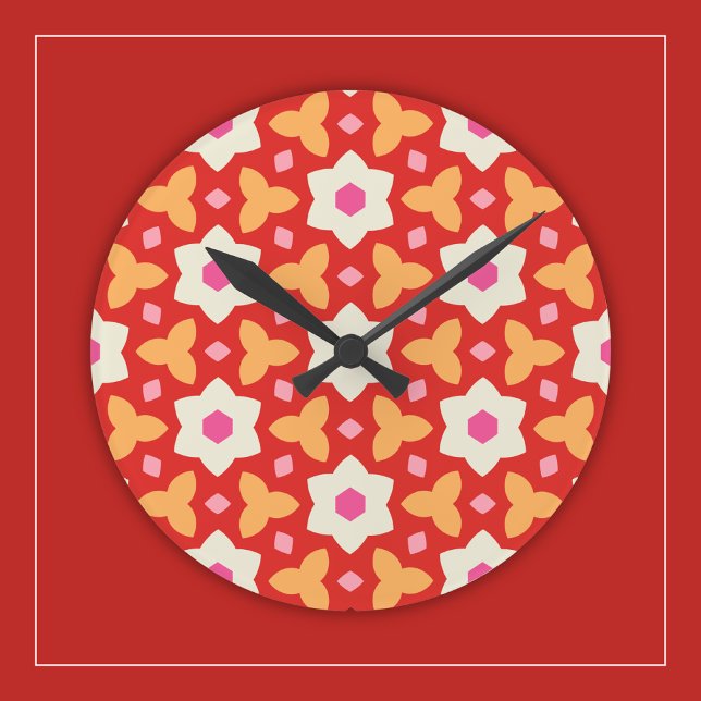 Modern Flowers on Red and Peach Geometric Floral Round Clock (Creator Uploaded)