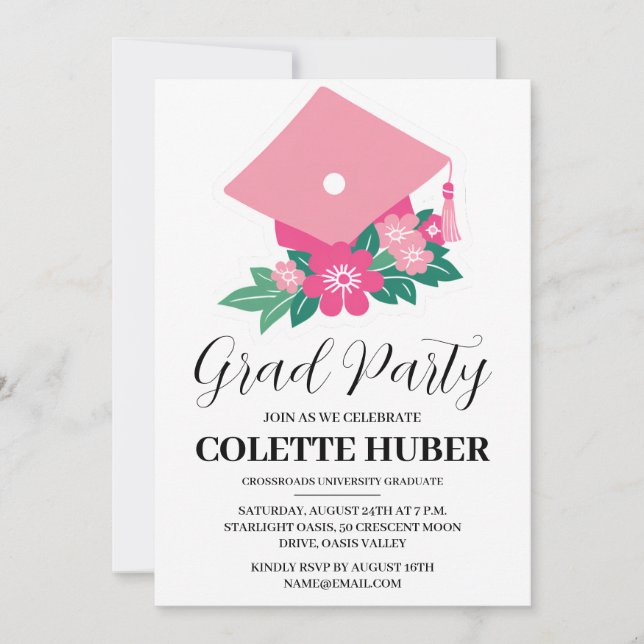 modern flowers pink graduation invitations (Front)
