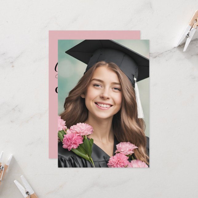 modern flowers pink graduation invitations (Front/Back In Situ)