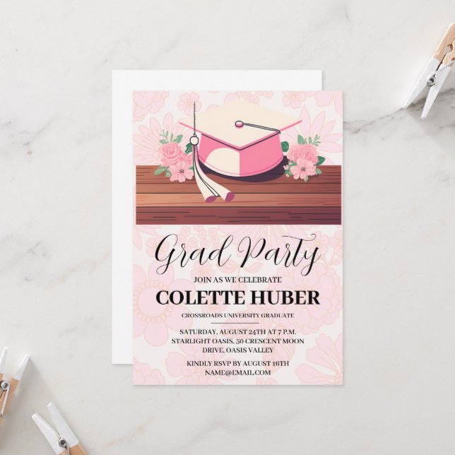 modern flowers pink graduation invitations (Front/Back In Situ)