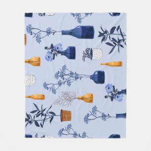 Modern Flowers Vase Vintage Monotone Fleece Blanket