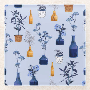 Modern Flowers Vase Vintage Monotone Glass Coaster