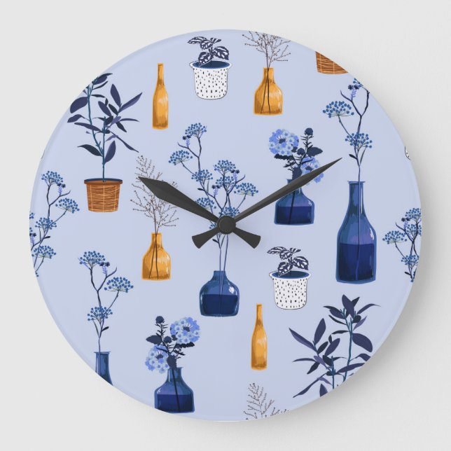 Modern Flowers Vase Vintage Monotone Large Clock (Front)