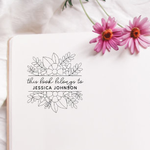 Modern Flowery Custom Name Library Book Rubber Stamp