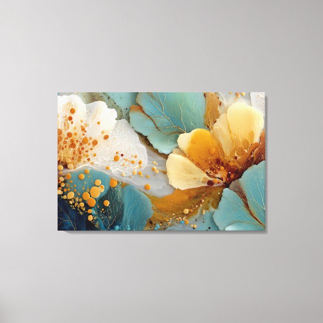 Modern Fluid Abstract Teal Gold Bubbles & Veins Canvas Print (Front)