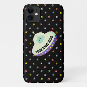 Modern flying saucer & multicolored stars on black Case-Mate iPhone case
