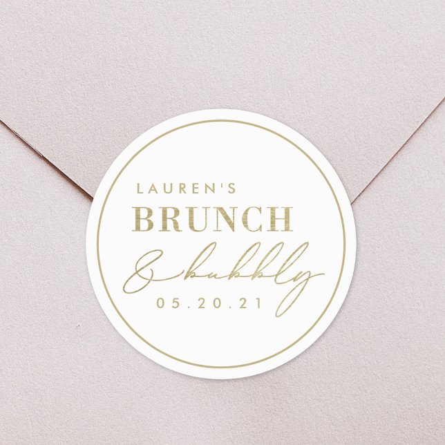 Modern Foil Gold Brunch and Bubbly Bridal Shower Classic Round Sticker (Creator Uploaded)