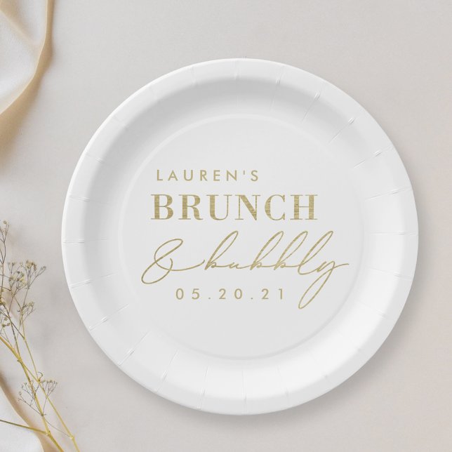 Modern Foil Gold Brunch and Bubbly Bridal Shower Paper Plate (Creator Uploaded)