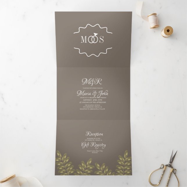 Modern Foil Greenery Ring Wedding Logo Tri-Fold Invitation (Inside)