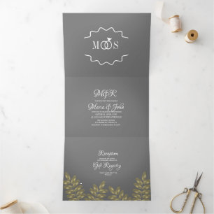 Modern Foil Greenery Ring Wedding Logo Tri-Fold Invitation