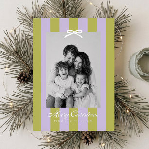 Modern Foil Striped Bow One Photo Holiday Card