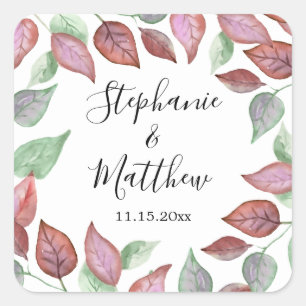 Modern Foliage Burgundy Watercolor Leaves Wedding Square Sticker