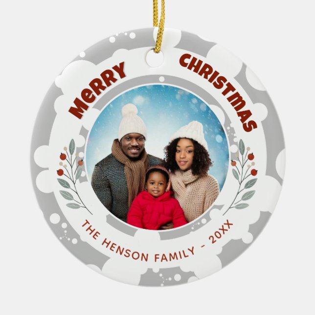 Modern Foliage Christmas Family Photo Ceramic Tree Decoration (Front)