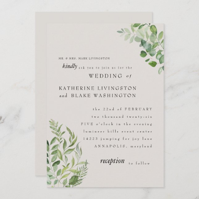 Modern Foliage Cream Bride Parents Wedding Invitation (Front/Back)