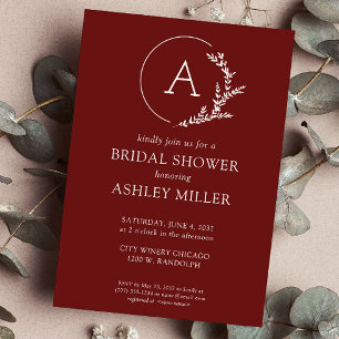 Modern Foliage Frame Crimson Red Bridal Shower Invitation
