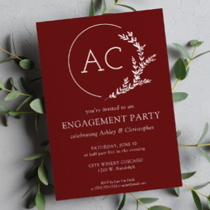 Modern Foliage Frame Crimson Red Engagement Party Invitation