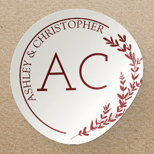 Modern Foliage Frame Crimson Red Wedding Classic Round Sticker