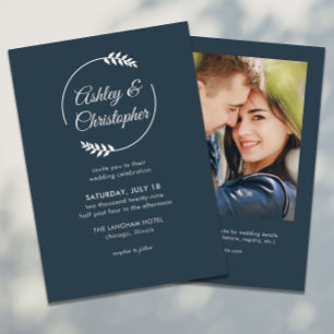 Modern Foliage Frame Indigo Blue Photo Wedding Invitation