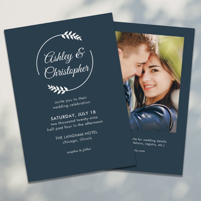 Modern Foliage Frame Indigo Blue Photo Wedding Invitation (Creator Uploaded)