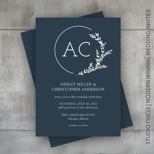 Modern Foliage Frame Indigo Blue Wedding Invitation (Creator Uploaded)