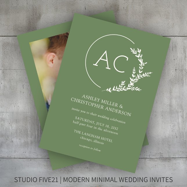 Modern Foliage Frame Muted Green Photo Wedding Invitation (Creator Uploaded)