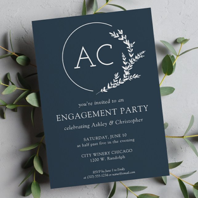 Modern Foliage Frame Navy Blue Engagement Party Invitation (Creator Uploaded)