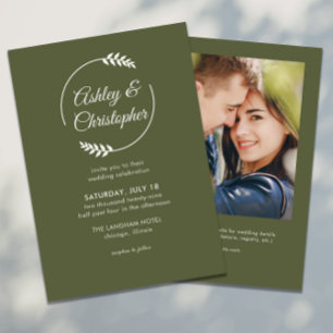 Modern Foliage Frame Olive Green Photo Wedding Invitation