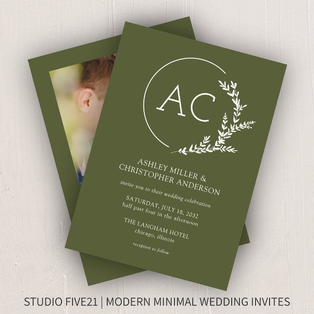 Modern Foliage Frame Olive Green Photo Wedding Invitation (Creator Uploaded)