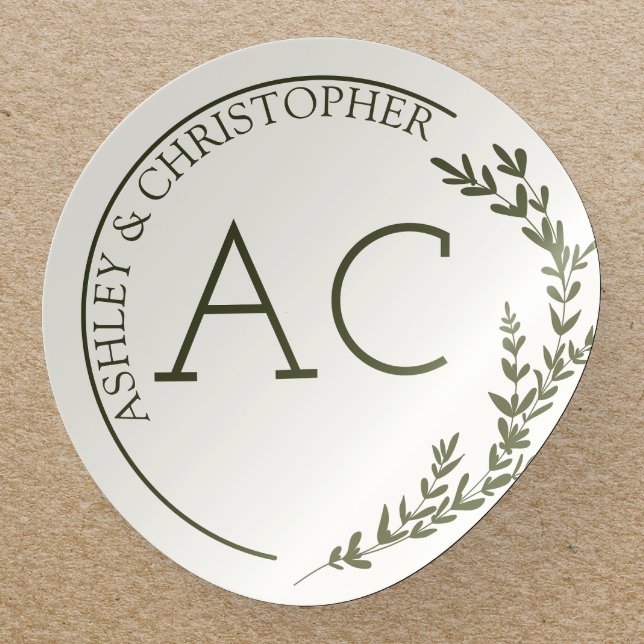 Modern Foliage Frame Olive Green Wedding Classic Round Sticker (Creator Uploaded)