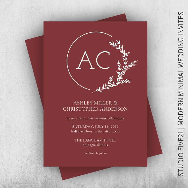 Modern Foliage Frame Rosewood Red Wedding Invitation (Creator Uploaded)
