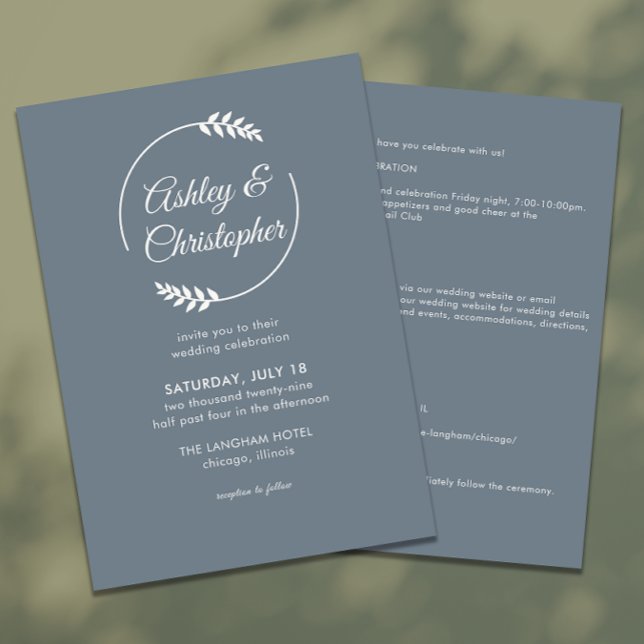Modern Foliage Frame Slate Grey All-in-One Wedding Invitation (Creator Uploaded)