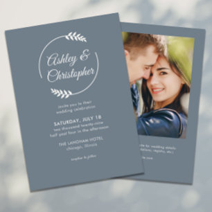 Modern Foliage Frame Slate Grey Photo Wedding Invitation