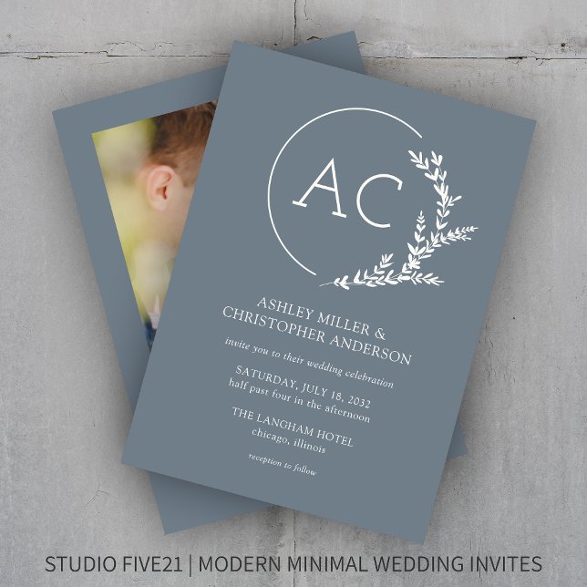 Modern Foliage Frame Slate Grey Photo Wedding Invitation (Creator Uploaded)