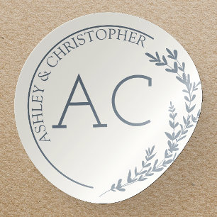 Modern Foliage Frame Slate Grey Wedding Classic Round Sticker